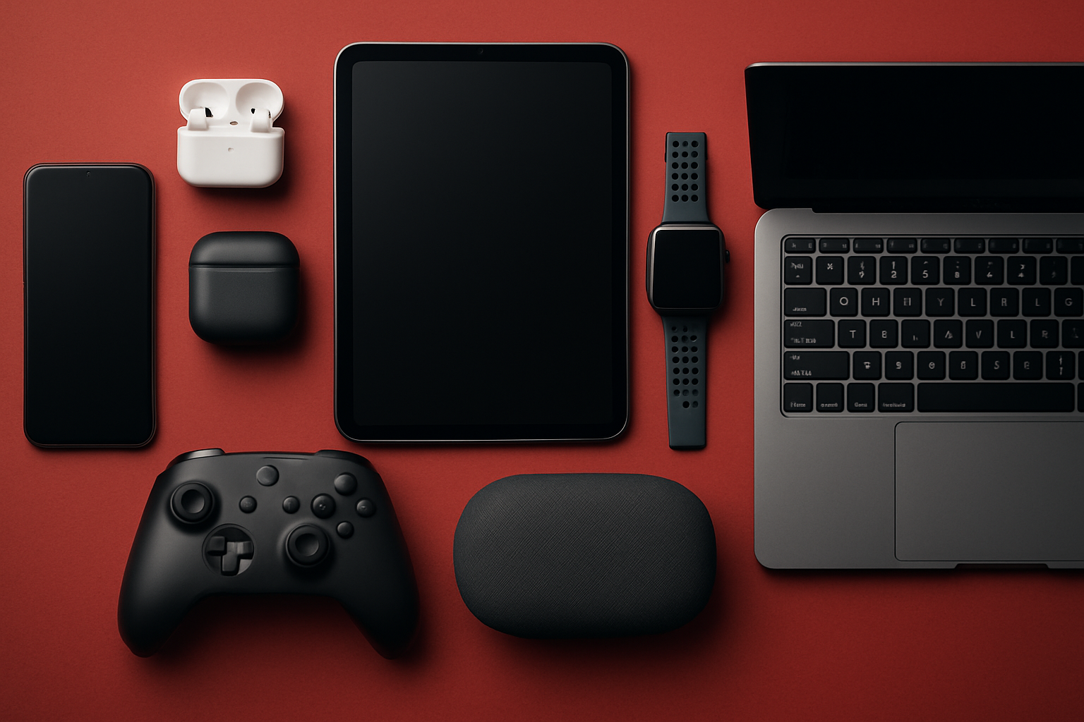 Make a image of electronics gadgets in a landscape view with a reddish background